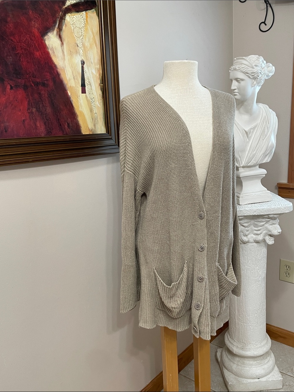 Eileen Fisher Cardigan M Front Pockets Buttons Long Tan
